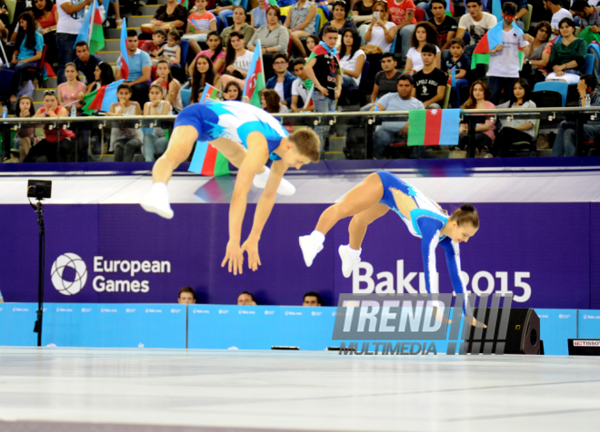 Avropa Oyunlarında aerobika gimnastikası üzrə qarışıq cütlüklərin təsnifat yarışları. Bakı, Azərbaycan, 17 iyun 2015 